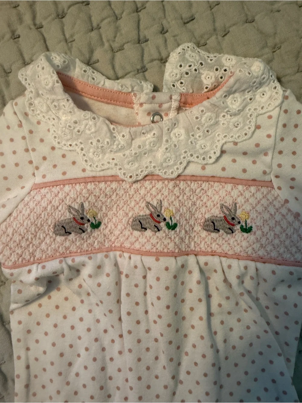 Mini Boden White and Pink Polka Dot Smocked Bunny Footie 0-3M